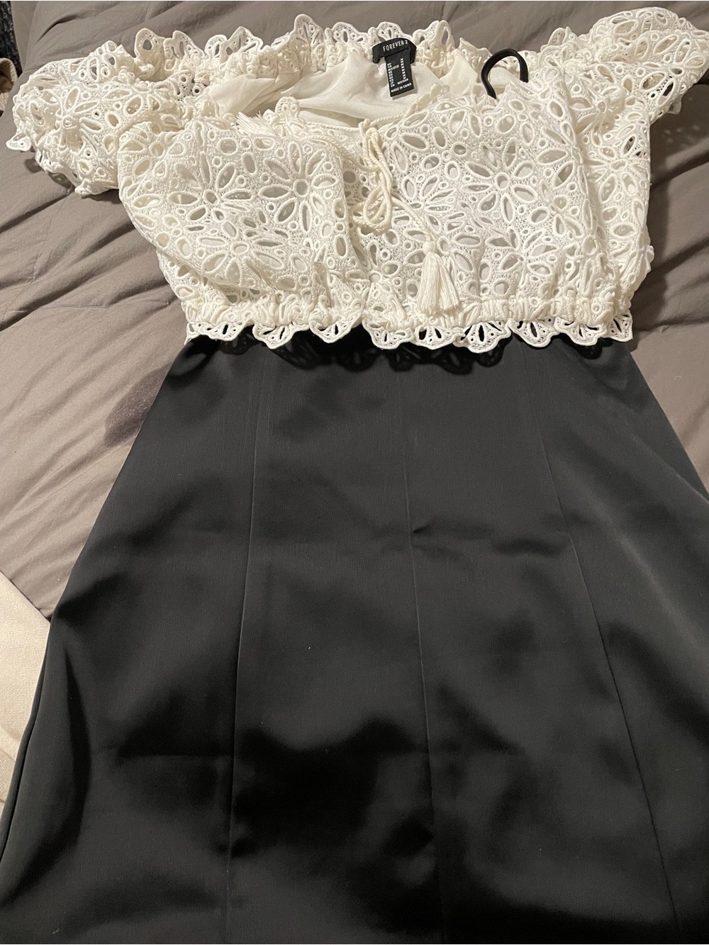 Forever 21 Black Satiny Zippered Womens Dress/White Eyelet Tube Top both size M